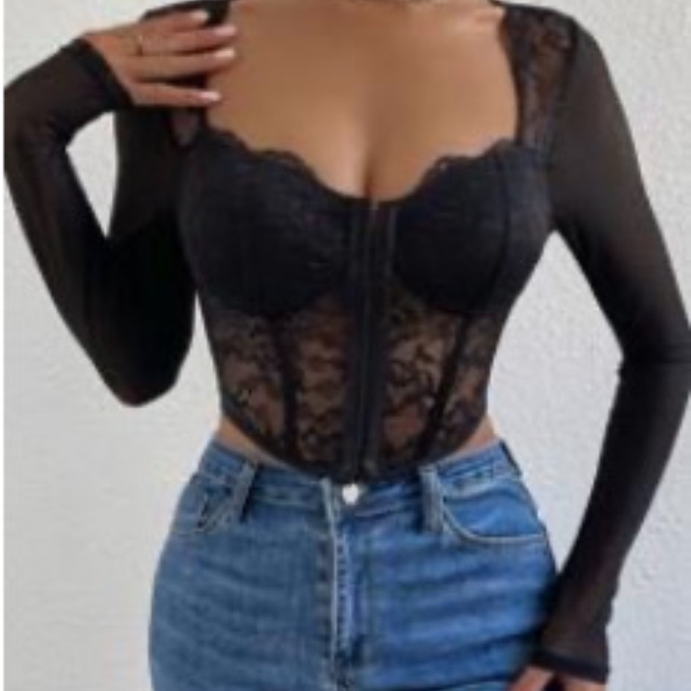 SHEIN Black Lace Long Sleeve Bodysuit